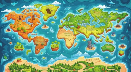 A cartoon-style world map with each country represented by its unique symbol, suitable for children's game design. The background is bright and colorful, featuring various natural landscapes such as f