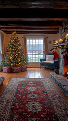 Sticker - A cozy living room scene featuring a beautifully decorated Christmas tree next to a crackling fireplace, adorned with stockings and warm candlelight, ideal for a smartphone wallpaper