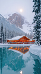 Wall Mural - winter landscape featuring a lake surrounded by pine trees adorned with snow, with a bright full moon shining down on a small Christmas market by the water, smartphone wallpaper.