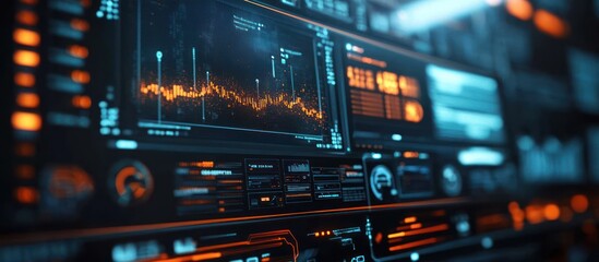 Wall Mural - A close-up view of a futuristic digital interface with a glowing orange graph displayed prominently. 