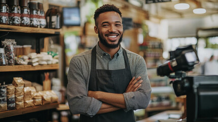 Proud small business owner standing in their bustling shop, telling their success story to a local news crew with a smile