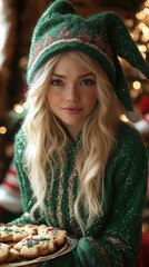 Poster - stylish elf woman holding a tray of Christmas cookies, surrounded by holiday decorations, captured in a colorful and inviting smartphone wallpaper