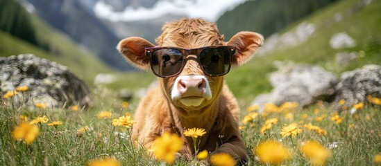 Canvas Print - A cute calf wearing sunglasses, lying down in a field of yellow flowers.