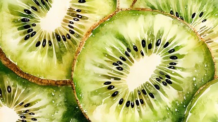 A close-up detailed watercolor painting pattern of green kiwi slices, with tiny black seeds and a fuzzy brown exterior, rendered in vibrant natural colors