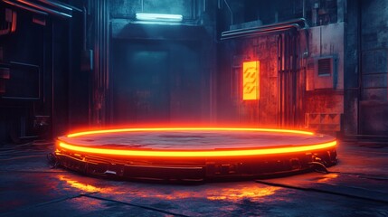 Canvas Print - Futuristic sci-fi scene with glowing neon platform in a grunge industrial setting.