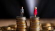 © ColorfulFlowerStudio - A gender pay equality concept with a man and woman standing on a stack of coins, symbolizing financial equity..
