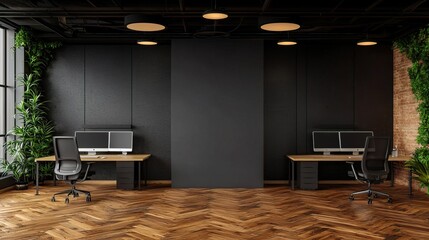 A minimalistic interior office with computers on desks, highlighting a clean and organized workspace conducive to productivity..