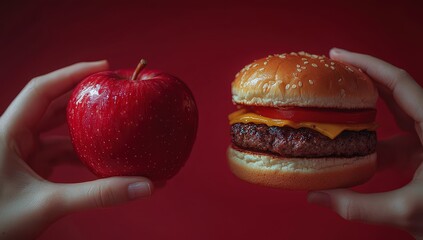 A hand holding an apple and another holding a burger, symbolizing the choice between healthy food or fast food on a red background. 