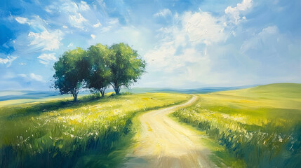 Wall Mural - Rural landscape painting with 3 trees