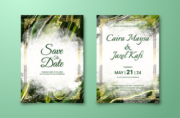 Luxury wedding invitation card with green watercolor painting background. Abstract marble texture for marriage celeberation template. Engagement card mockup. Beautiful cover design