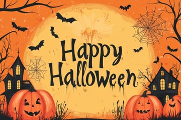 Wall Mural - Halloween-themed background with spooky elements like pumpkins, spider webs, and a haunted house silhouette Black text 