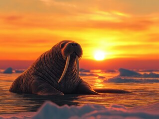 Walrus; Odobenus rosmarus, almost full body visible, photographic, sunset, digital camera, 4k, hyper quality, in national geographic style --ar 4:3 --v 6.1 Job ID: b0132721-6c2b-4b13-9ca8-6b60a79c87a8