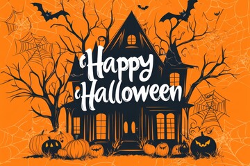 Wall Mural - illustration of an orange background with a Halloween theme and the text 