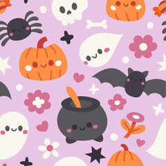 Wall Mural - Seamless vector cozy pattern with vector halloween and magical elements. Cute background design.