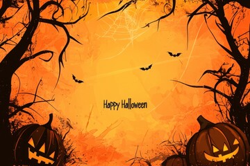 Wall Mural - Halloween background with silhouettes of pumpkins, spider webs, and spooky trees on an orange color background 