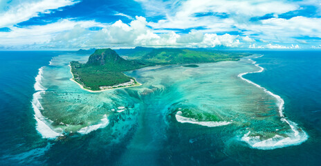 Aerial view: Le Morne Brabant mountain with beautiful lagoon and underwater waterfall illusion, Mauritius island