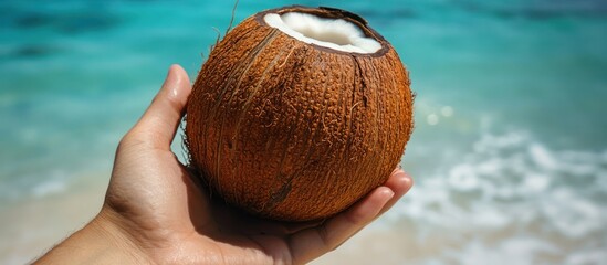 Wall Mural - A hand holding a fresh coconut with a blurred background of turquoise ocean water and white sand.