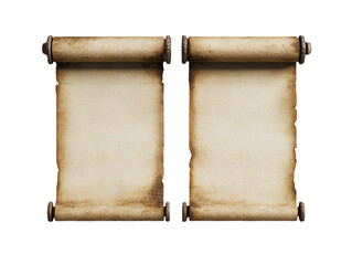 Two old, rolled-up scrolls with aged parchment texture, isolated on a white background.   PNG transparent.