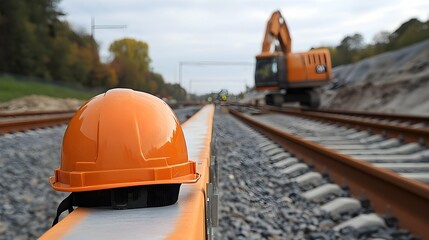 Wall Mural - Safety Helmet on Railway Tracks Construction Site.