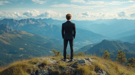 A young and handsome man wearing a black suit stands on the mountaintop