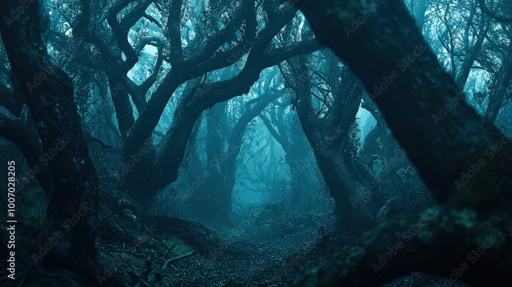 A dark forest filled with twisted trees and thick fog, creating an ...
