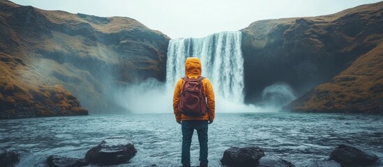Wall Mural - a lone hiker stands in awe of a powerful waterfall cascading down rocky cliffs.