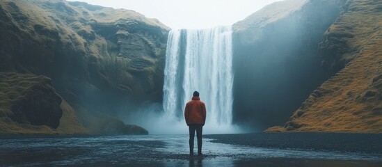 Wall Mural - a lone man standing before a majestic waterfall in a misty landscape.