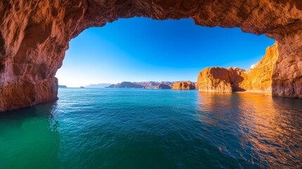 The majestic stone archway highlights the vibrant turquoise waters beyond, framed by two towering rock formations against a bright blue sky, showcasing nature's beauty