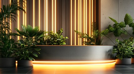 Canvas Print - Illuminated Stage With Plants and Wooden Wall.