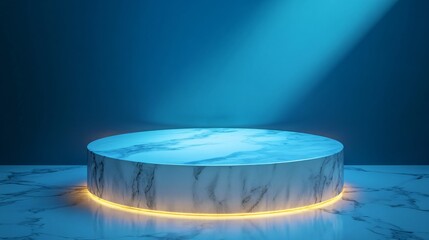 Sticker - Illuminated white marble podium with blue background.