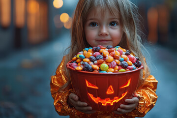 Canvas Print - A child holding a bucket overflowing with candy, reveling in the excitement of trick-or-treating. Concept of Halloween traditions.