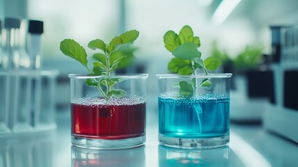 Blue and red liquids in a laboratory setting, representing sustainable plant development and growth. Biotechnology