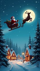 festive illustration of santa claus flying over a snowy village in a sleigh, creating a magical chri