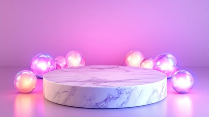 Canvas Print - Marble podium with iridescent spheres on a purple background.