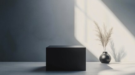 Sticker - Minimalist black podium with a dried flower arrangement on a white wall.