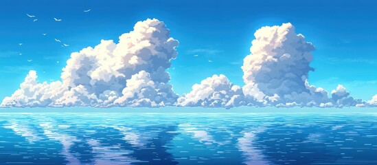 Poster - A scenic view of a calm blue ocean with white fluffy clouds reflected in the water on a sunny day.