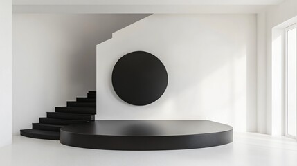 Wall Mural - Minimalist interior with black steps and a circular platform in a white room.