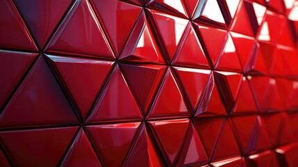Futuristic Red Triangular 3D Wall with Polished Tiles. Modern Geometric Abstract Background