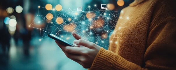 close-up of a hand holding a smartphone with digital connections in the background, depicting modern