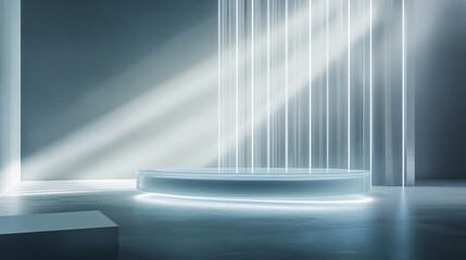 Poster - Minimalistic round podium with light beams in a room.