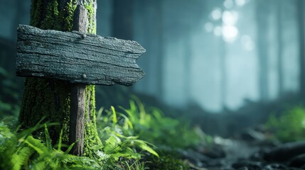 Wall Mural - Old weathered sign nailed to a tree in a dark forest the words barely visible pointing towards a destination shrouded in shadow hinting at a hidden danger.