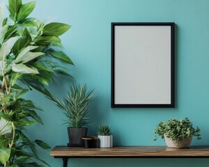 Wall Mural - Minimalist Poster Display on Wooden Shelf Against Blue Wall Background