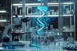 Microscope and various laboratory tools on a table