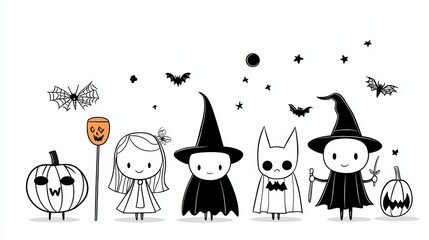 Coloring Book Halloween Costume A coloring page depicting children dressed up in various Halloween costumes including a witch a vampire a superhero and a fairy trick or treating.