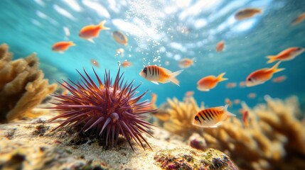 Wall Mural - Vibrant Underwater Scene with Colorful Fish and Sea Urchin