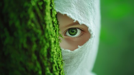 Wall Mural - A child like ghost peeking out from behind a moss covered tree trunk its playful expression a haunting contrast to its pale complexion and tattered clothing.