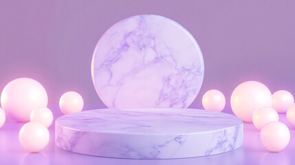 Poster - Purple marble podium with pink orbs on purple background.