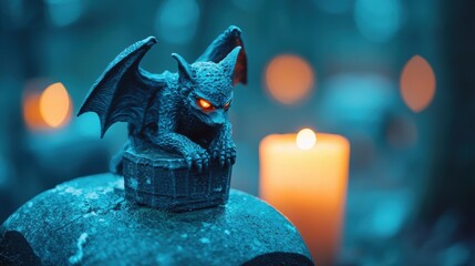 Wall Mural - A weathered gargoyle perched atop a mausoleum its stone face seemingly alive in the flickering candlelight its hollow eyes watching over the graveyard with a mournful gaze.