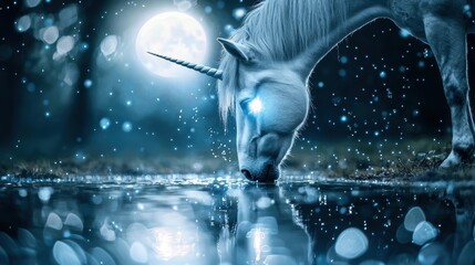 Wall Mural - A majestic unicorn with a silver mane and a glowing horn standing in a moonlit glade its eyes shimmering with an otherworldly light as it lowers its head to drink from a crystal clear pool.