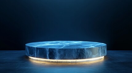 Wall Mural - Round marble podium with glowing light on a blue background.